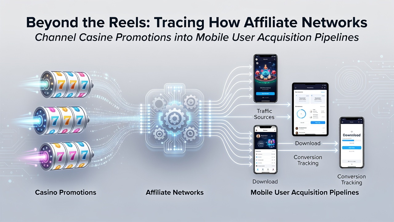 Affiliate network dashboard showing casino promotion tracking and mobile user acquisition metrics