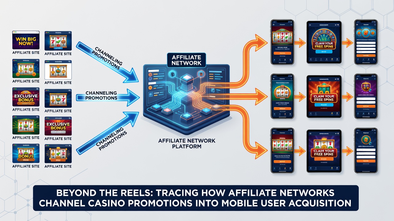 Mobile casino app interface displaying affiliate-sourced welcome bonus and tracking parameters