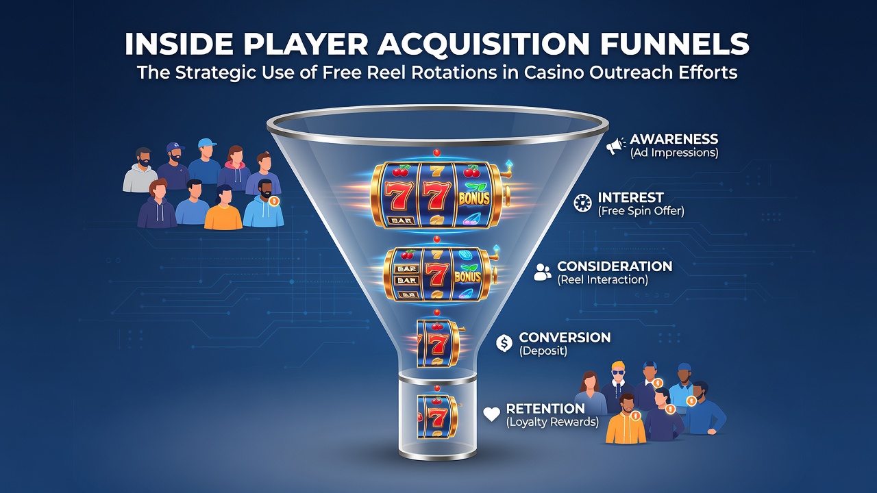 Analytics view of segmented player acquisition funnel with free reel rotation distribution across outreach touchpoints
