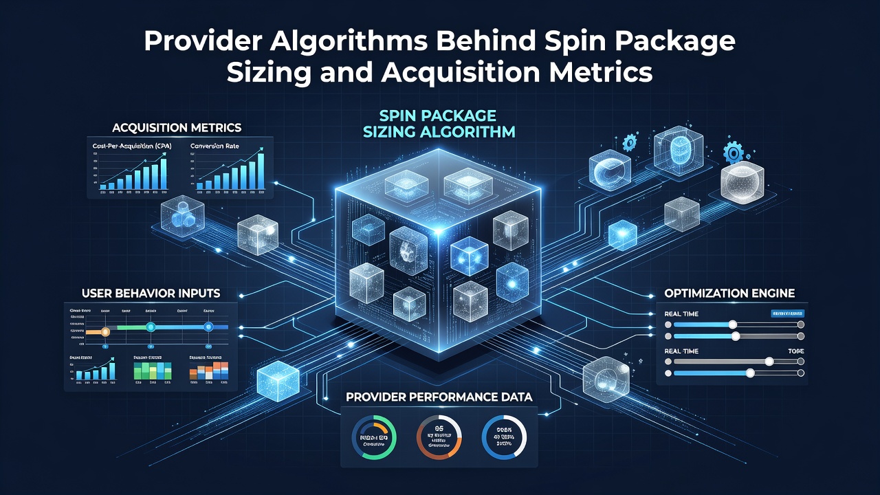 Diagram showing slot provider algorithms analyzing player acquisition data and spin package metrics