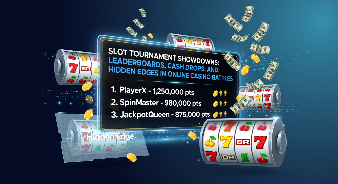 Vibrant online slot tournament leaderboard displaying top players' scores with glowing prizes and spinning reels in the background