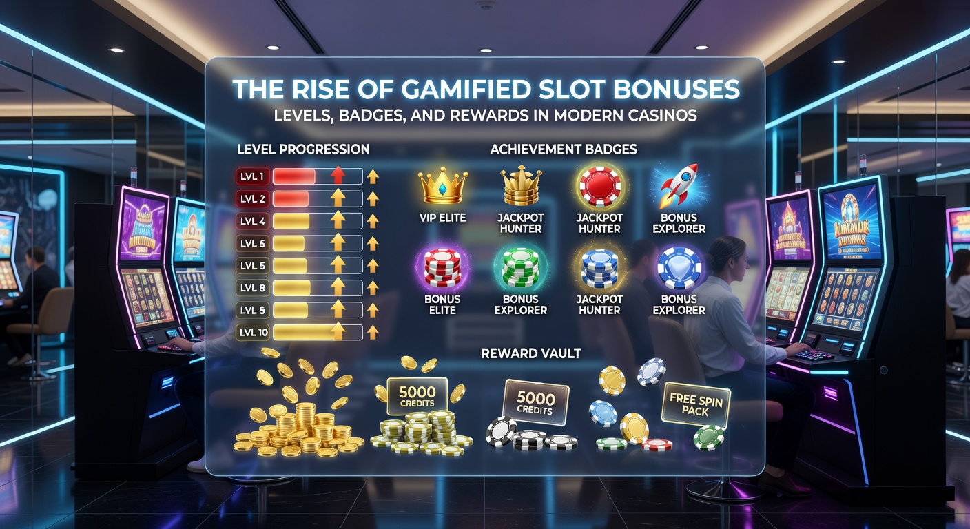 Vibrant screenshot of a modern slot game featuring a progress bar for levels, glowing badges for achievements, and cascading reward multipliers in a casino interface