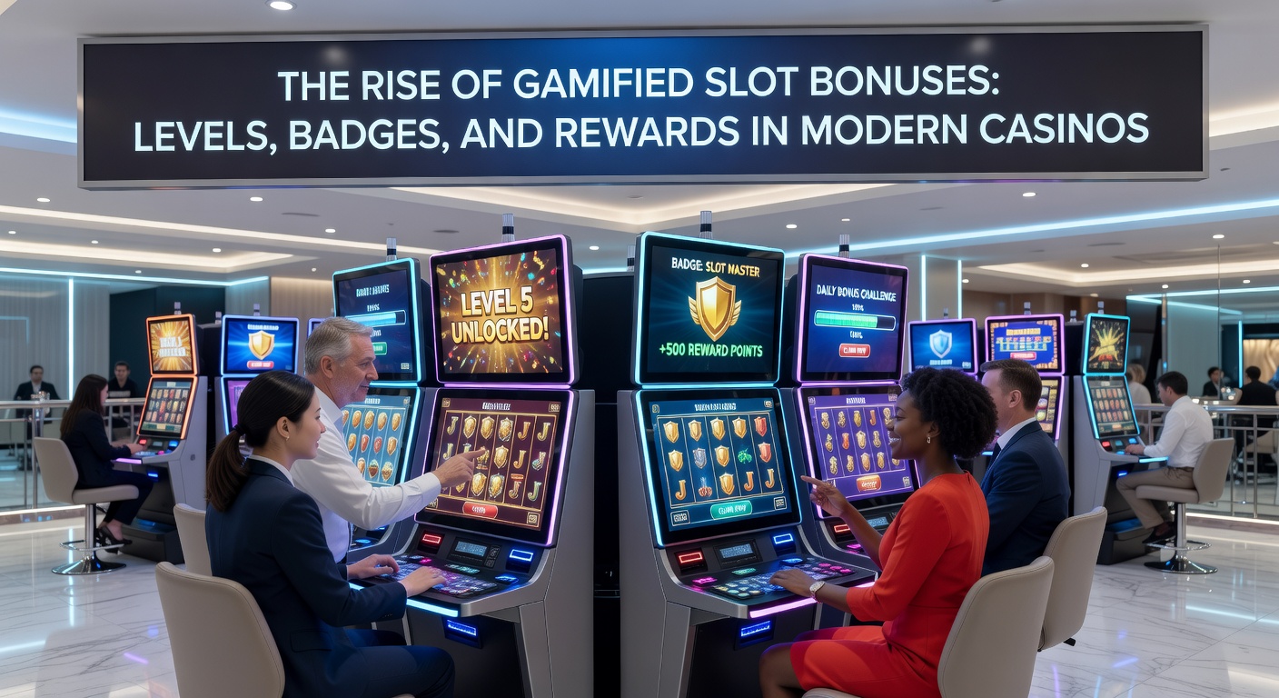 Close-up of a slot bonus screen displaying earned badges, a leveling progress meter nearing platinum status, and reward chests ready to open in a dynamic casino game