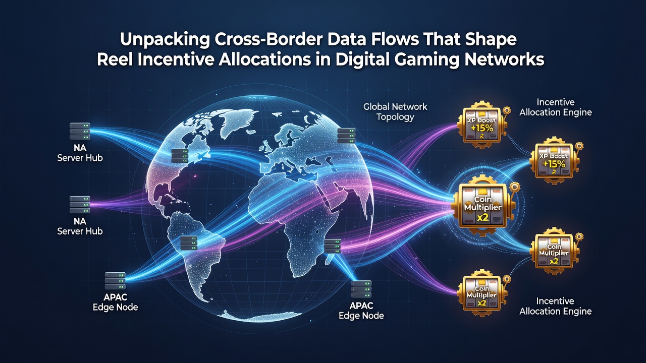 Diagram illustrating cross-border data transfers between global gaming servers and regional player databases