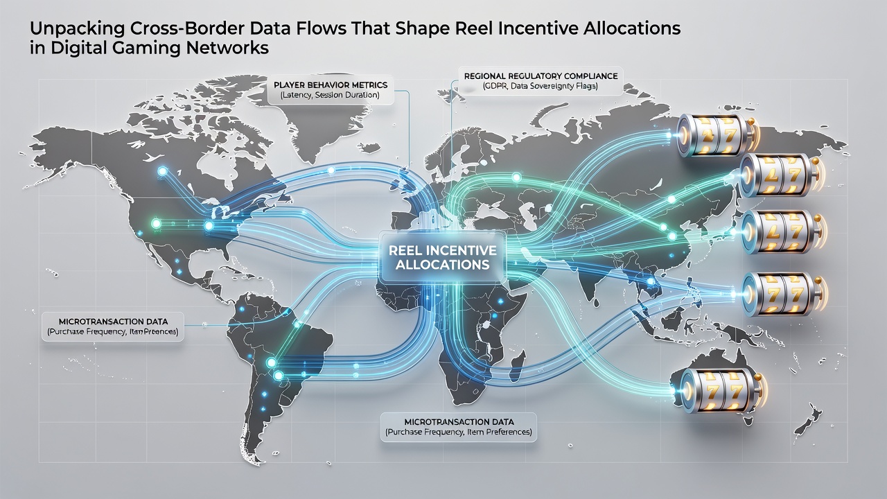 Illustration of encrypted data packets traveling across international gaming network nodes with regulatory checkpoints